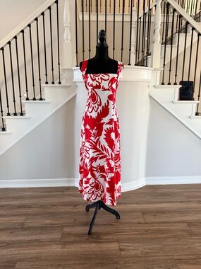 ♥️Zara Linen Blend Midi Dress Red White Print Bow Back L♥️